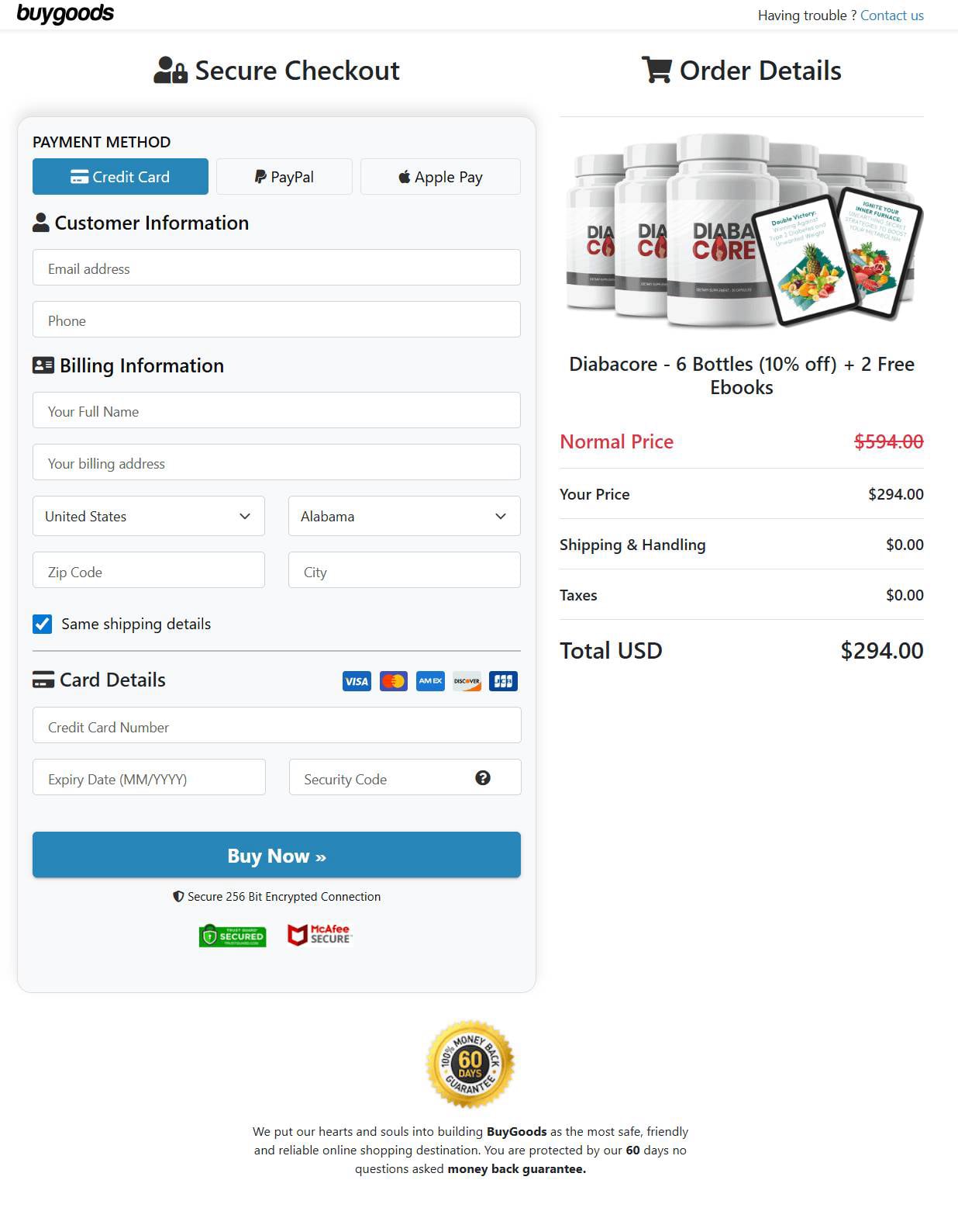 Diaba Core checkout page